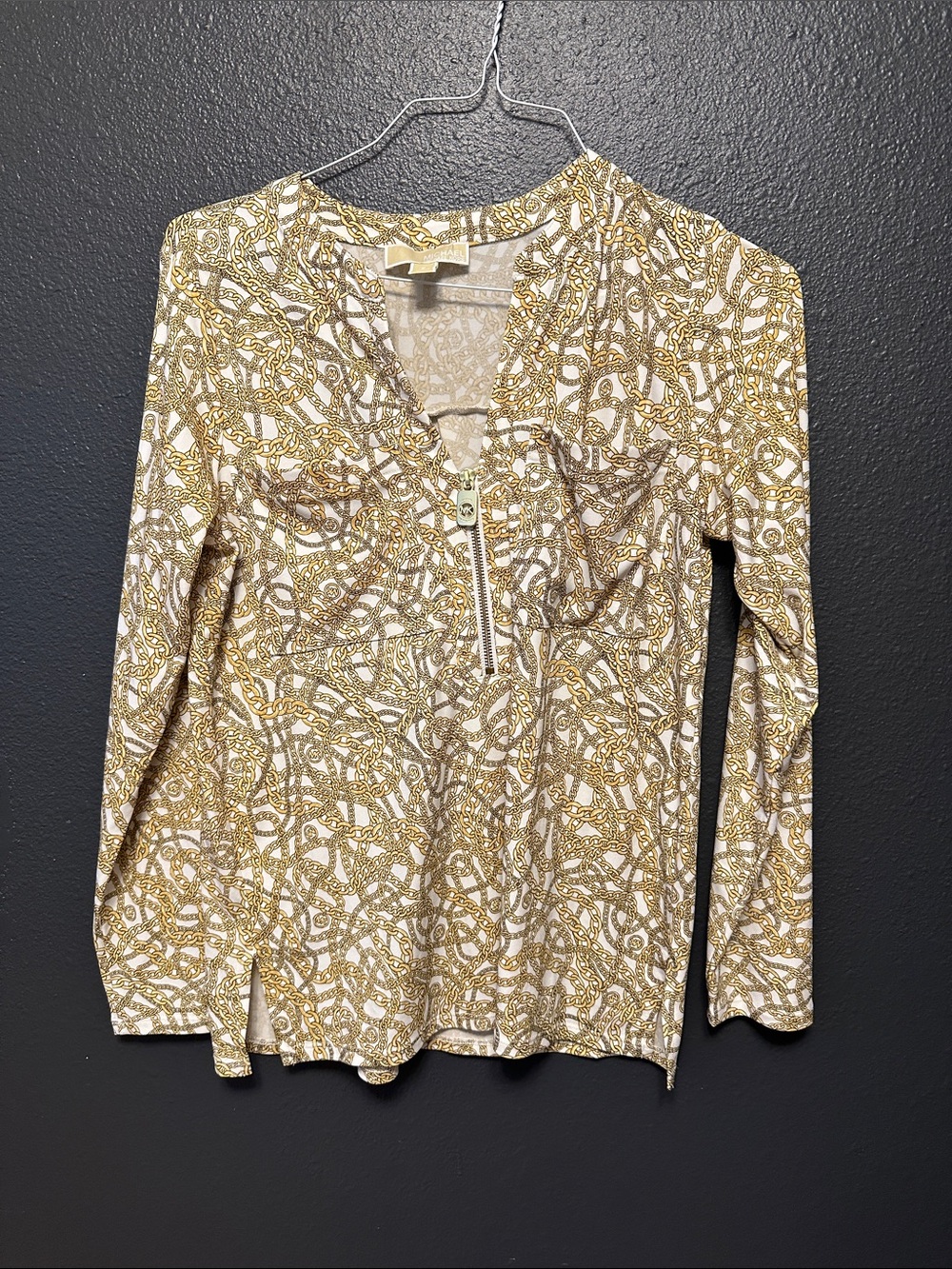 Michael Kors Cream and Gold Chain-Print Long Sleeve Zip Top